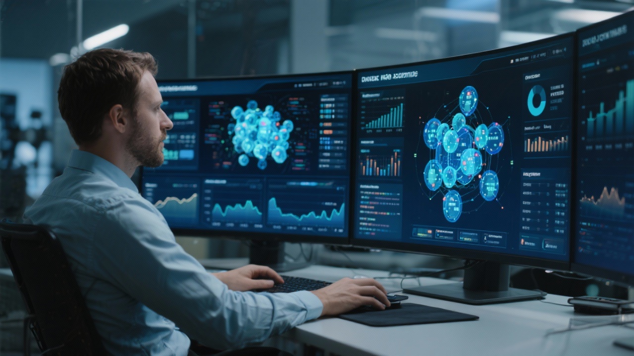 Data science specialist working with advanced analytics software on curved monitors showing cluster visualizations and scenario forecasts for corporate planning.