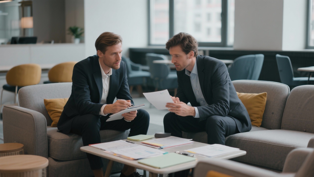 Client relationship manager consulting a mid-sized enterprise representative while reviewing engagement notes and planning follow-up actions in a modern lounge area.