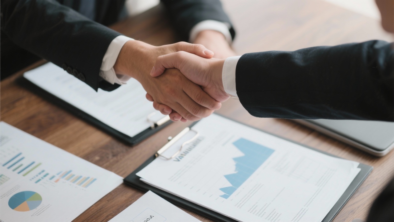 Close-up of two business leaders completing an agreement with handshake while legal documents and valuation reports rest on a wooden table.