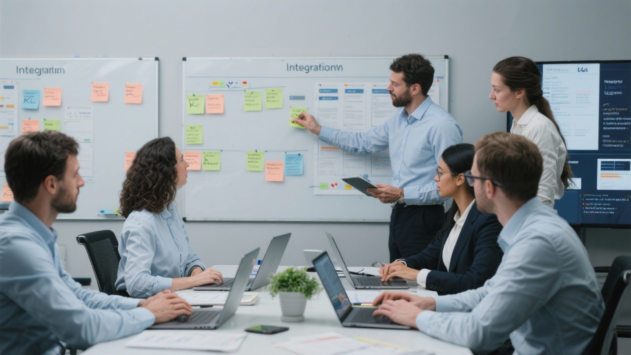 Team of integration managers coordinating workflows using kanban boards and laptops to align post-transaction operating models across departments.