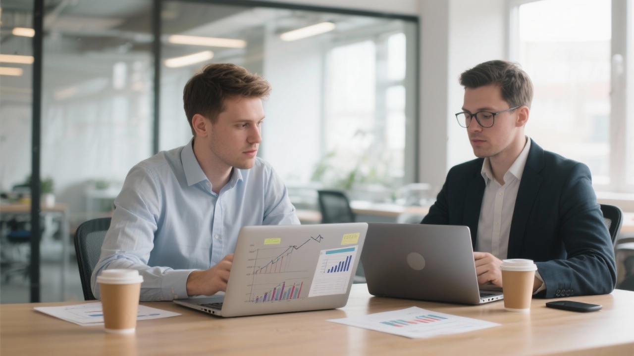Two consultants collaborating over financial models on laptops with annotated documents and coffee cups in a light-filled coworking space.