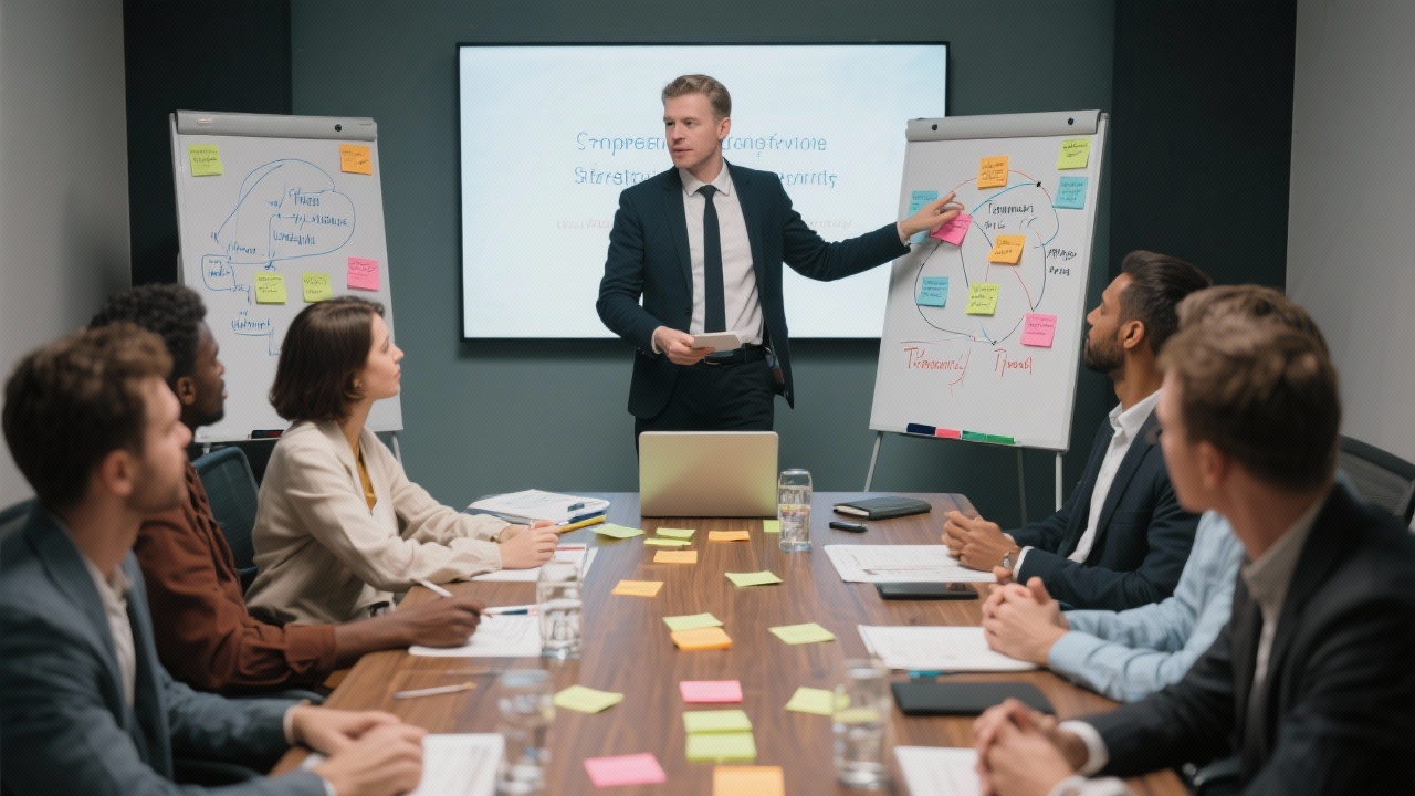 Consulting facilitator guiding a strategic workshop with flipcharts, sticky notes, and diverse participants mapping corporate transformation priorities around a conference table.